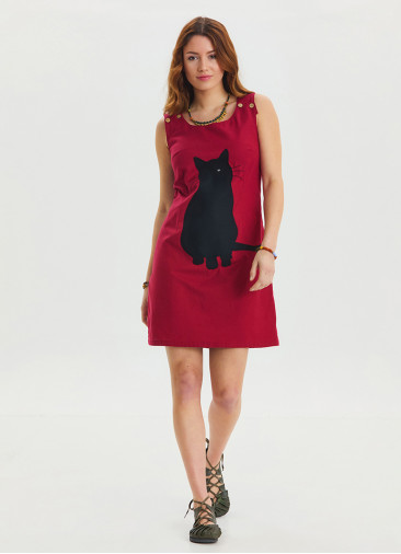 U Neck Cat Figure Button Detailed Red Mini Dress 4528